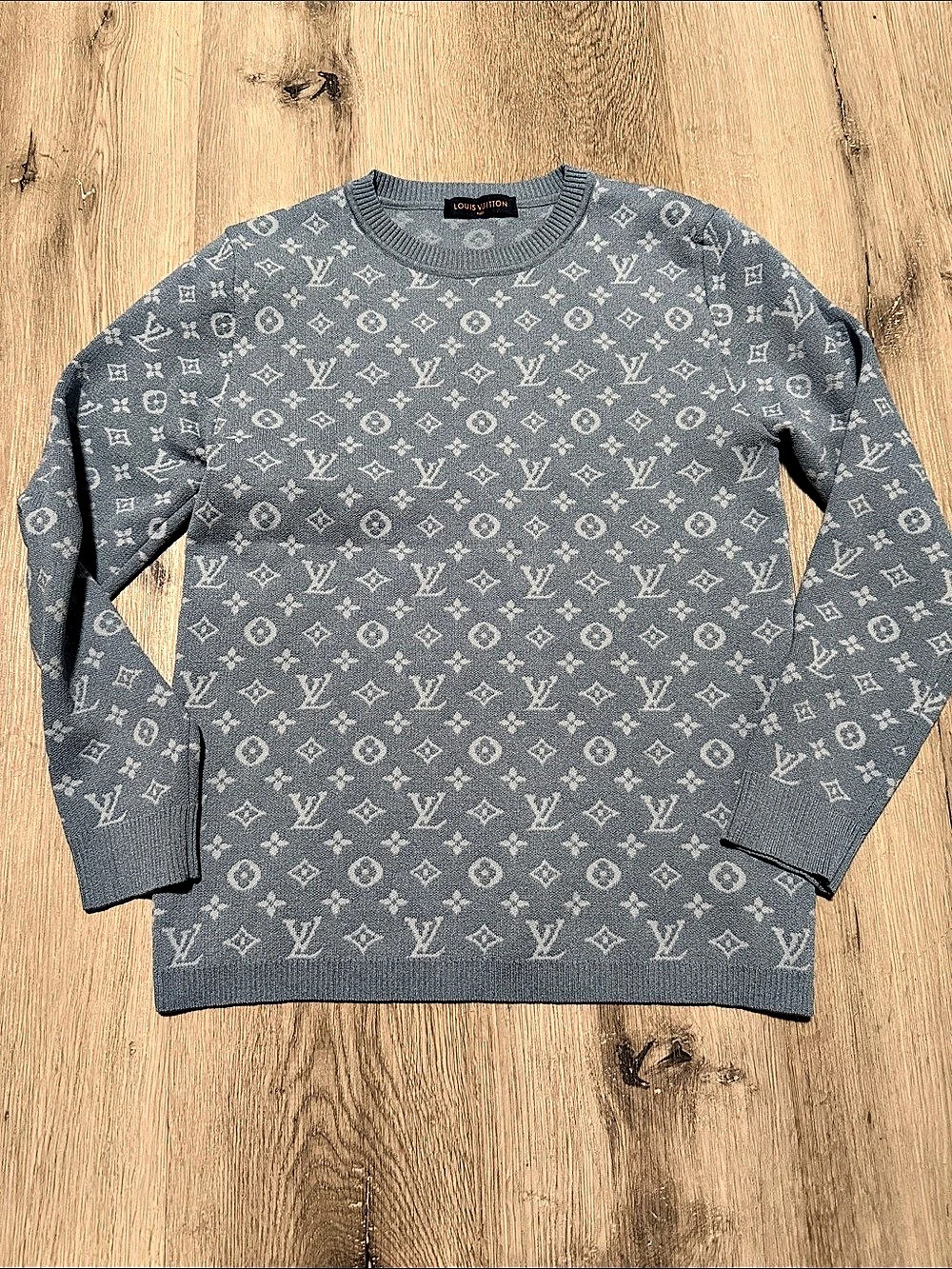 Louis Vuitton Full Monogram Jacquard Crew Neck Sweater, blue grey
